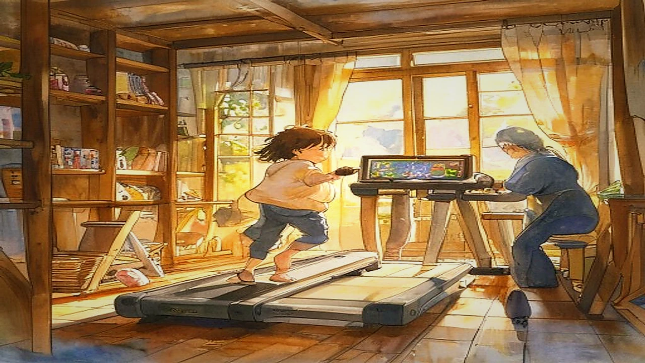 트레드밀 + 오목 — Studio Ghibli 일러스트